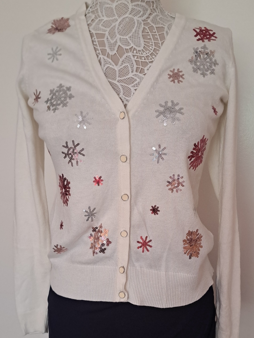 New York & Company White  Cardigan with Silver and Rose Gold Sequin Snowflakes